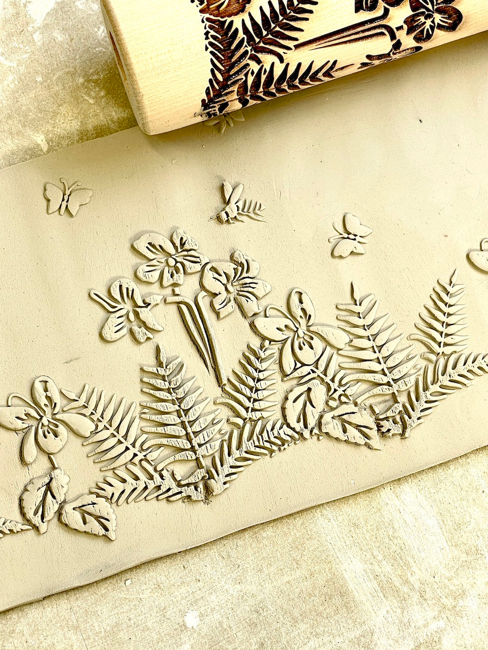 7" Fern, Violets & Butterflies Textured Rolling Pin