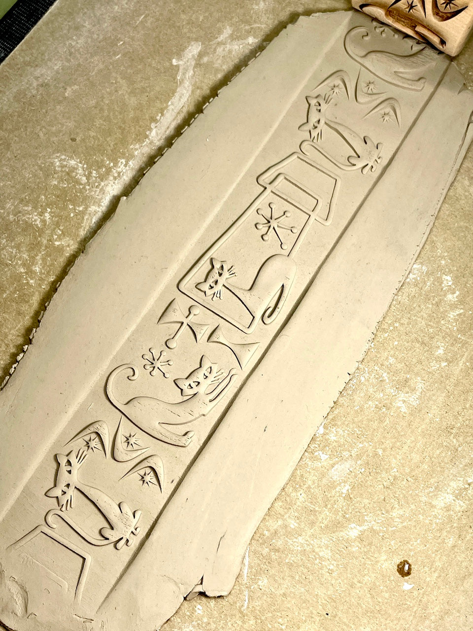 2" Cats, Mid-Century Textured Rolling Pin