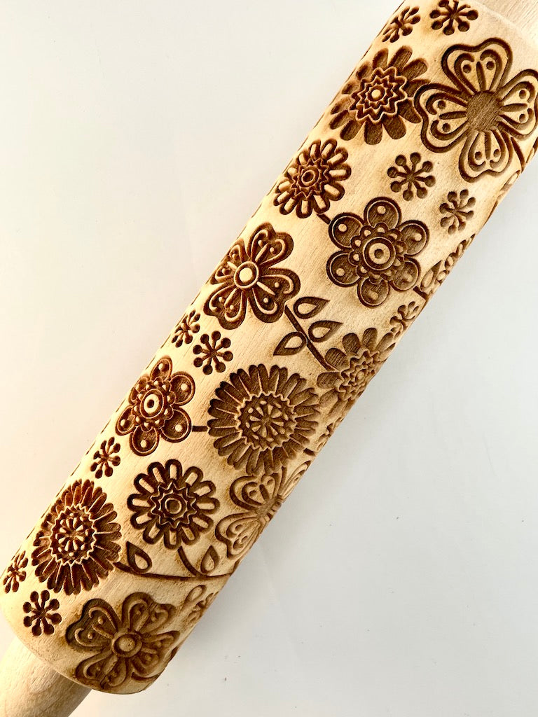 7" Chevron Mod Floral Textured Rolling Pin