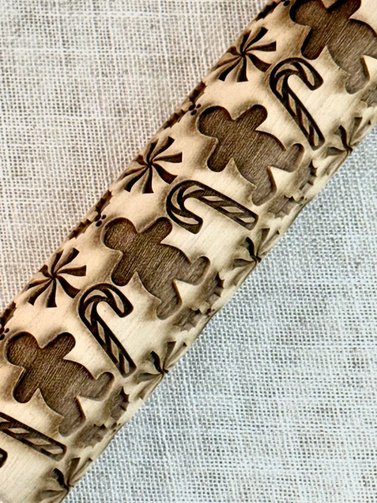 7" Gingerbread Men & Candy Canes Textured Rolling Pin