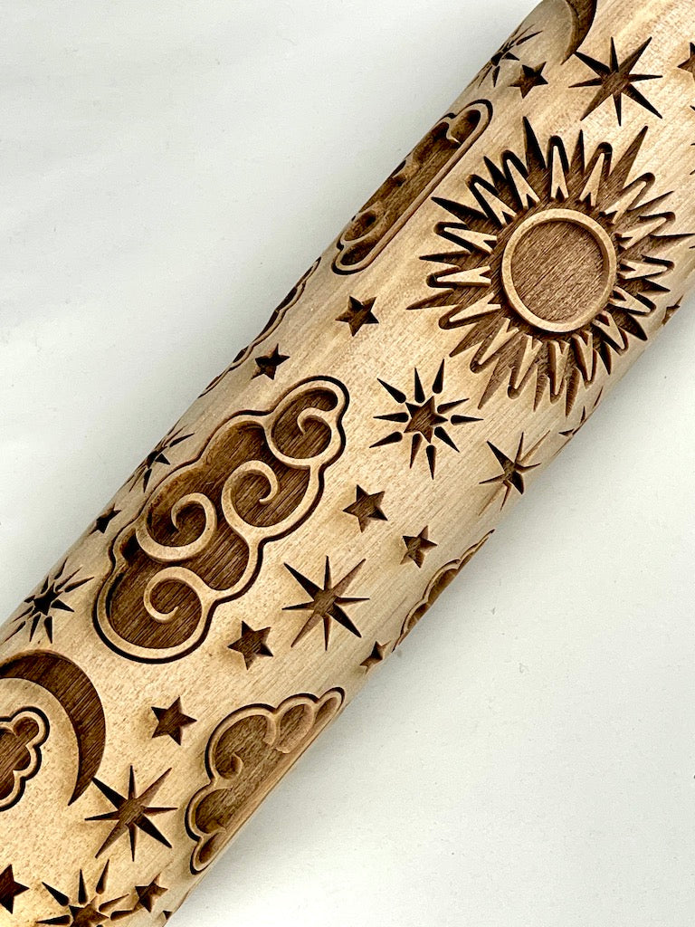 7" Sun, Moon and Stars Textured Rolling Pin