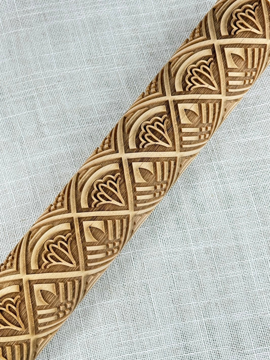 Art Deco (Lotus & Grid) Textured Rolling Pin