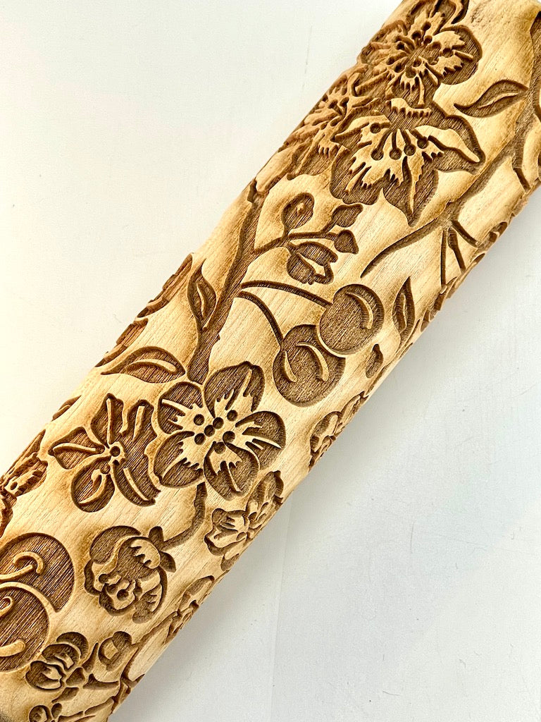 7" Cherry Blossoms & Cherries Textured Rolling Pin