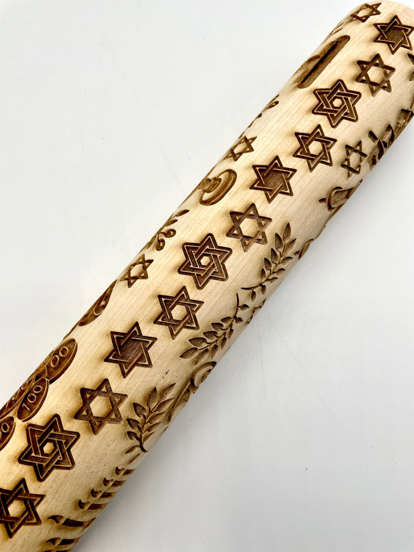 Hanukkah Textured Rolling Pin **NOTE - The engraving has been corrected so the numbers & Hebrew letters transfer to the clay in the correct orientation.  The photographs on this product have not been updated to reflect the correction***