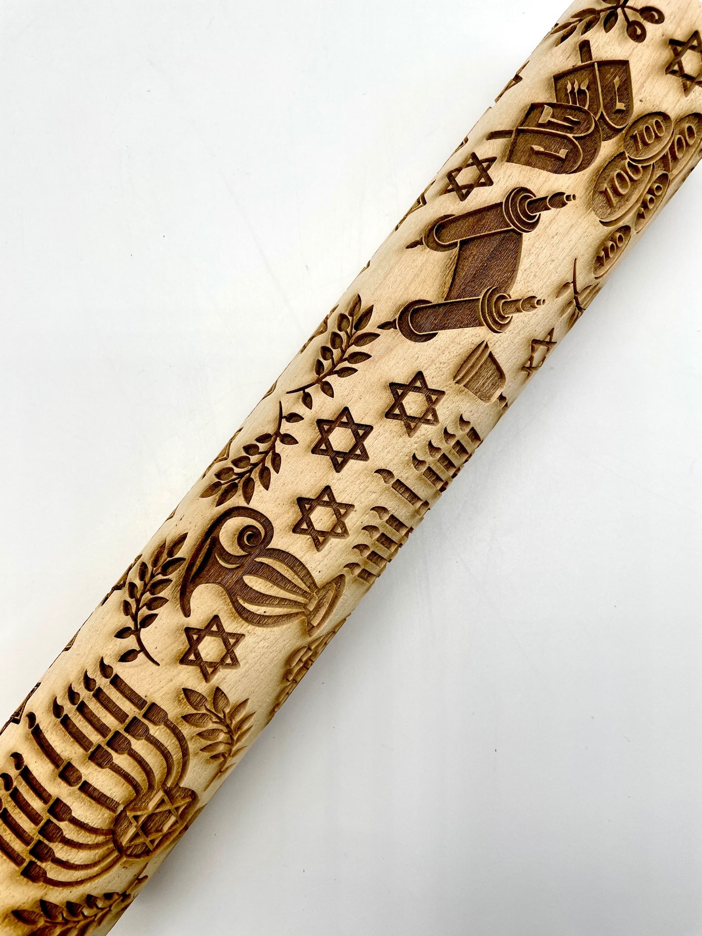 Hanukkah Textured Rolling Pin **NOTE - The engraving has been corrected so the numbers & Hebrew letters transfer to the clay in the correct orientation.  The photographs on this product have not been updated to reflect the correction***