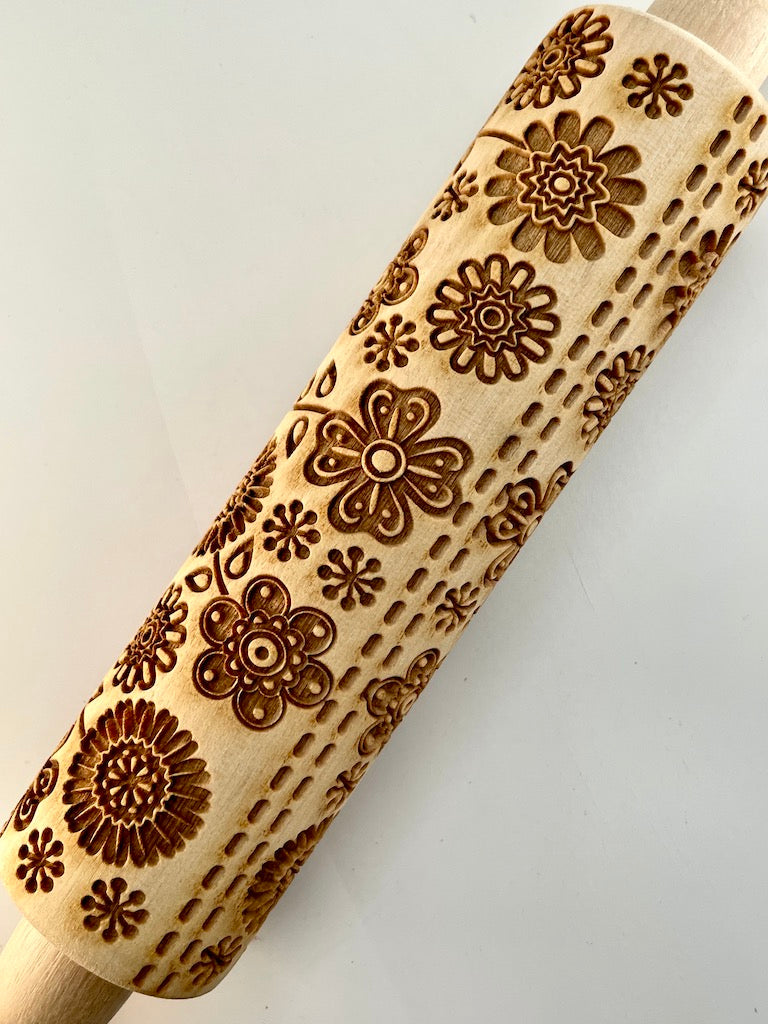 7" Chevron Mod Floral Textured Rolling Pin